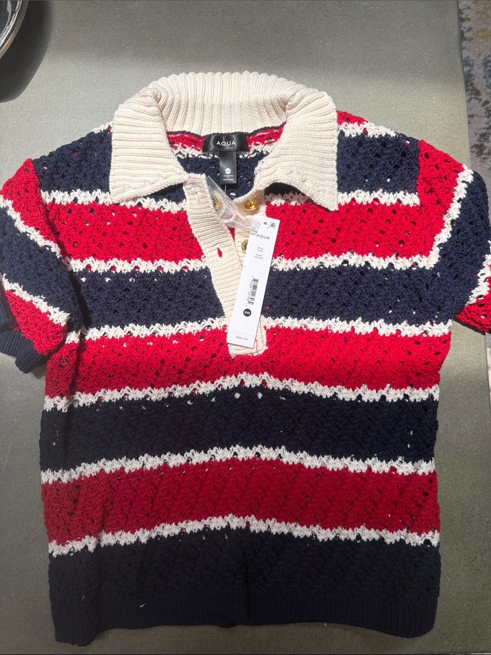 Aqua Red Navy Cream Striped Open-Knit Polo Sweater
